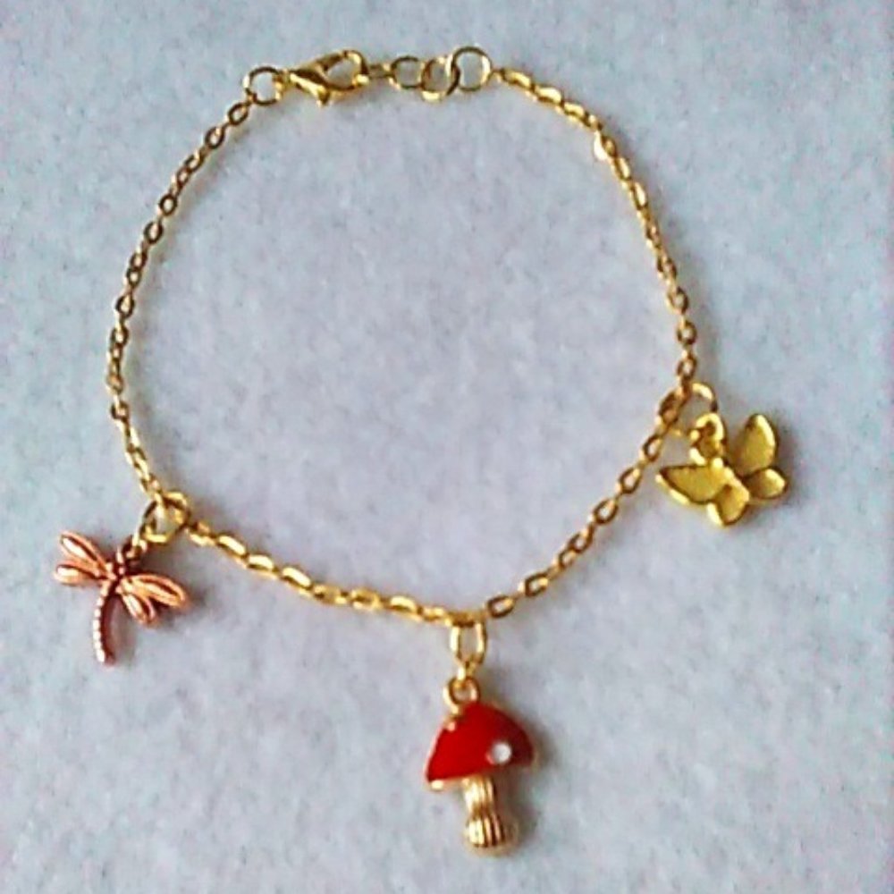 Gold Charm Bracelet with Red Mushroom and Butterfly